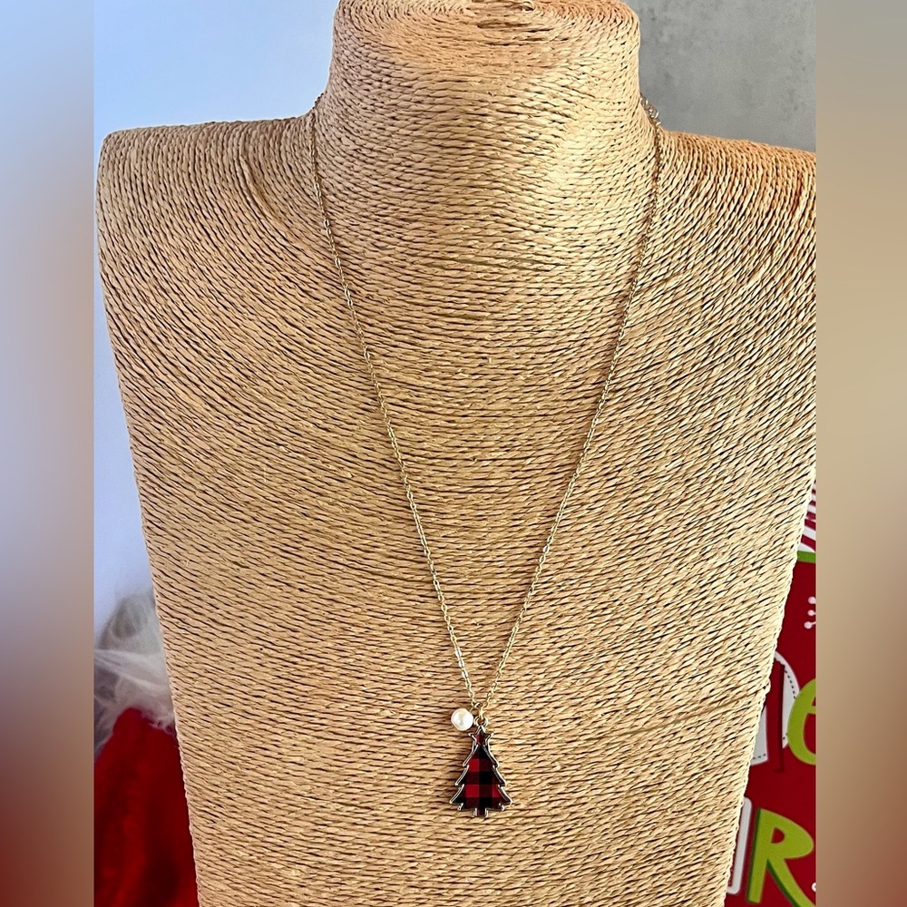 Plaid Christmas Tree Pendant Necklace